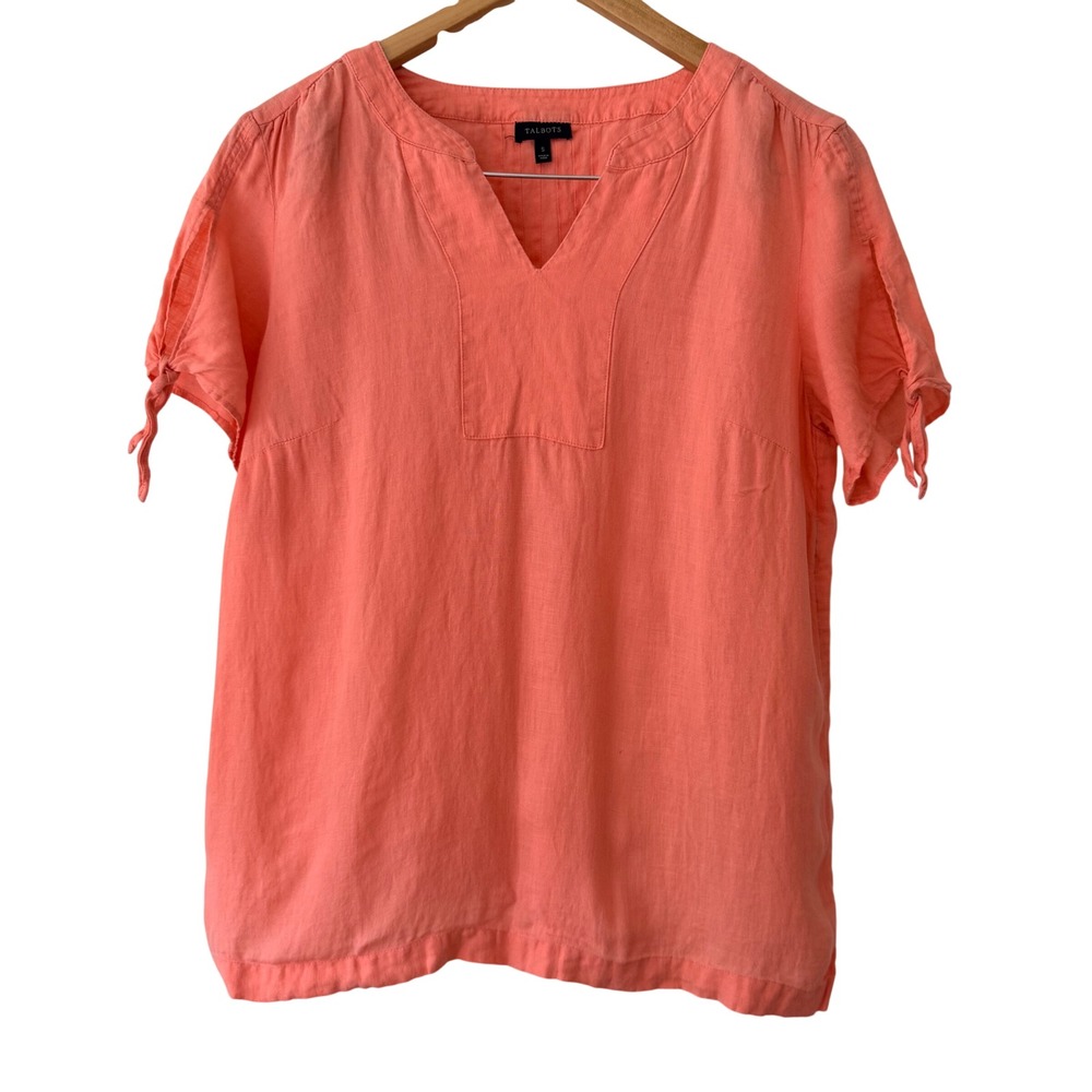 Talbots Womens Capsule Coral Pink 100% Linen Tie Sleeve Pintuck Blouse Top Small